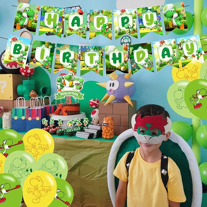Yoshi Party Decorations,Yoshi Birthday Party Supplies Includes Banner - Cake Topper - 24 Cupcake Toppers - 18 Balloons