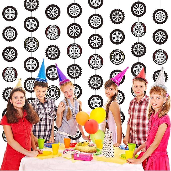 8 Pieces Race Car Party Decorations Wheel Tire Garland Banners Car Tyre Paper Cutouts for Racing Birthday Party Favors Classroom Supplies
