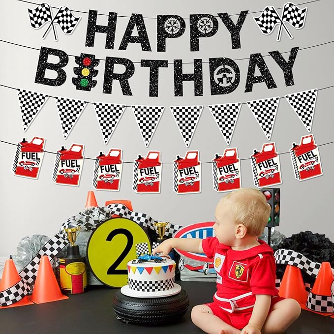 Pre-Strung Race Car Birthday Party Decorations NO DIY Glitter Happy Birthday Banner, Checkered Flag Fuel Can Banners Cars Themed Party Supplies