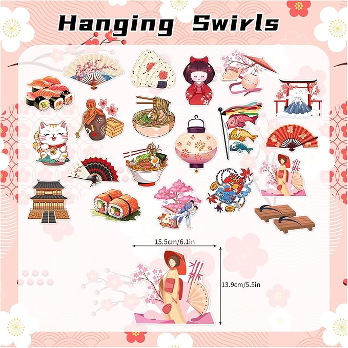 20 Pack Japanese Hanging Swirls Japanese Spirals Japanese Theme Hanging Decorations Ceiling Decor for Japanese Birthday Party Decorations Japanese Party Supplies