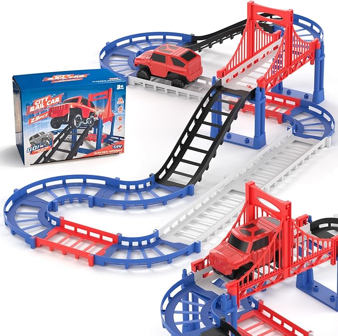 DIY Construction Race Track Set, 24 Pieces with Battery Powered Car,Bridge Building Track ，Assembly Track Builder Playset Gifts Toys for Boys Kids Age 6 7 8