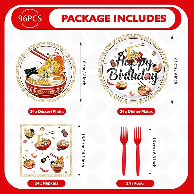 96Pcs Ramen Noodles Birthday Decorations Ramen Party Plates and Napkins Japanese Food Noodle Theme Tableware Set for Boys Girls Men Women Happy Birthday Party Supplies Serves 24