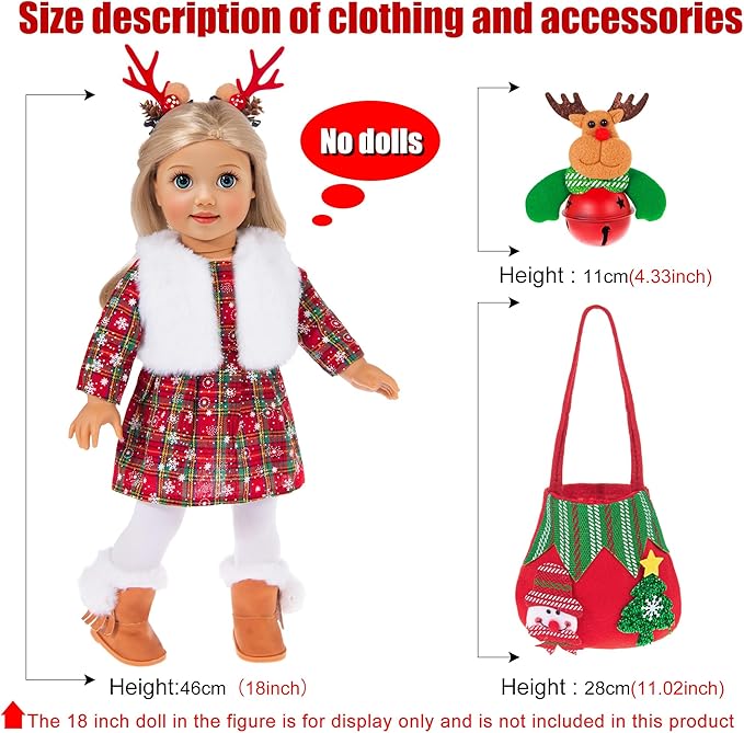 ebuddy 18 inch Doll Clothes and Accessories- Christmas Costume Playset Including Dress,Fur Vest, Tights, Boots, Hair Clips,Bell and Sticker (No Doll)