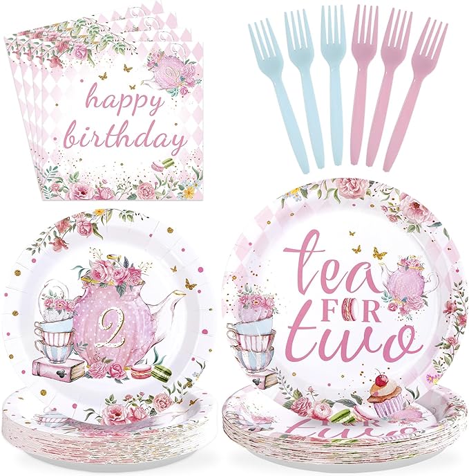 96Pcs Tea for Two Party Supplies Tea 2nd Year Old Girl Birthday Plates and Napkins Pink Floral Teapot Theme Tableware Set for Girls Tea-themed Baby Shower Birthday Party Supplies，Serves 24