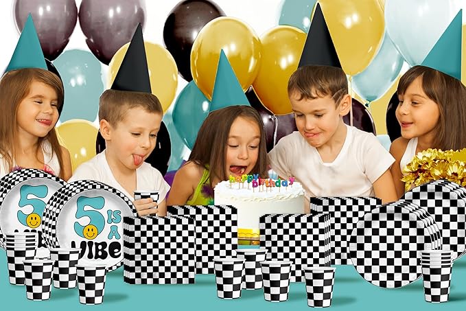 Birthday Galore Five is a Vibe Smiley Face Theme Supplies – 64 Pieces Tableware Set with Plates, Napkins, & Cups – A Quick, Easy Setup for a Bright, Cheerful 5th Birthday Bash Celebration – Kit for 16