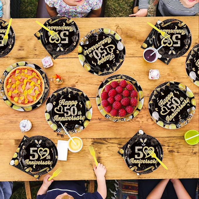 96Pcs 50th Anniversary Decorations Black Gold 50th Wedding Anniversary Plates and Napkins Tableware for 50 Year Anniversaries Decorations Serve 24