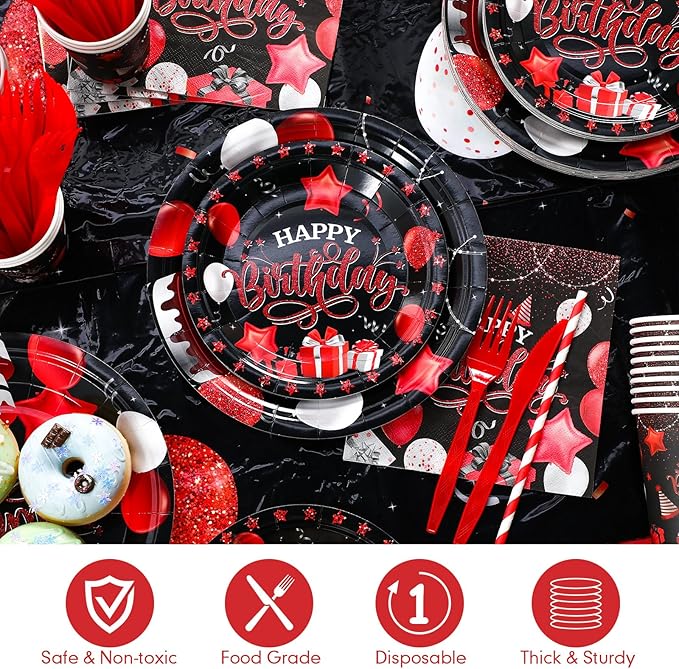 Norme 176 Pcs Black and Red Birthday Tableware Set Birthday Decoration Includes Tablecloth Paper Plates Napkins Paper Cups Forks Knifes and Straws for 25 Guests Party Supplies (Vibrant)