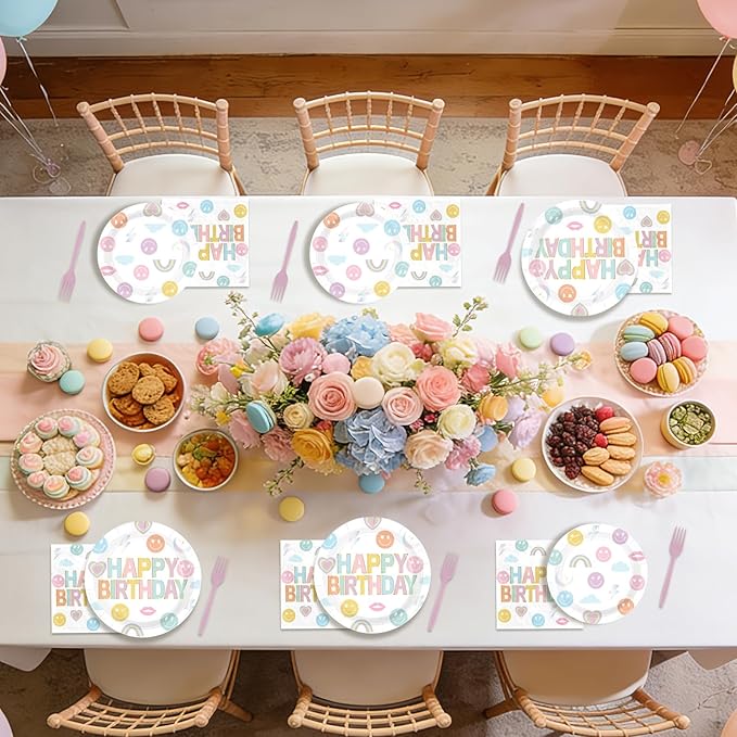 96Pcs Rainbow Birthday Party decorations Smile Face Rainbow Plates and Napkins Pastel Theme Disposable Paper Tableware Set for Colorful Kids Birthday Baby Shower Party Supplies Serves 24