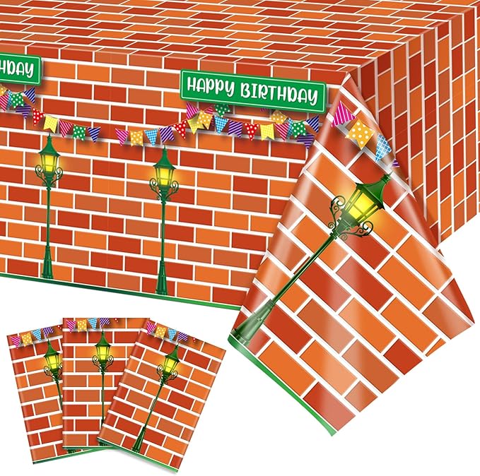 Funrous Red Brick Wall Street Party Decorations Cartoon Street Birthday Plastic Tablecloth 54 x 108 Inch Disposable Waterproof Rectangle Table Cover for Cartoon Friends Themed Birthday Party Supplies