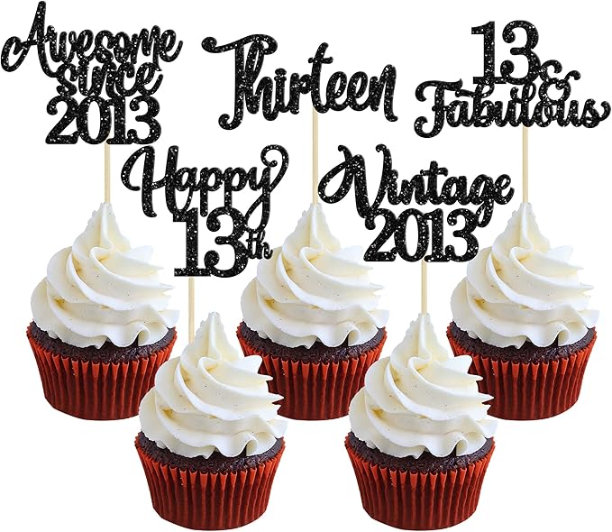 30Pcs Happy 13th Birthday Cupcake Toppers Glitter Thirteen Vintage 2013 Cupcake Picks Cheers to 13 Fabulous Cake Decorations for 13th Birthday Wedding Anniversary Party Supplies Black