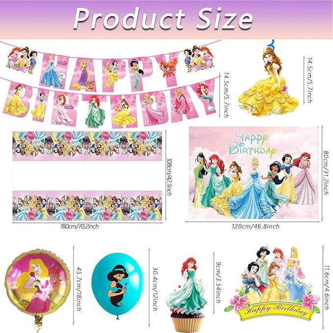 62PCS Disne Princess Party Supplies, Birthday Decorations Set Include Banner, Balloons, Backdrop, Cupcake Toppers, Tablecloth, Hanging Swirls for Kids Princess Theme Birthday Party
