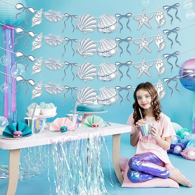 4 PACK Summer Banner Seashells Decor Party Decorations Party Supplies Birthday Decorations Blue Bow Starfish and Christmas Ornaments Under The Sea Paper Hanging Banner for Women Men Baby Showre