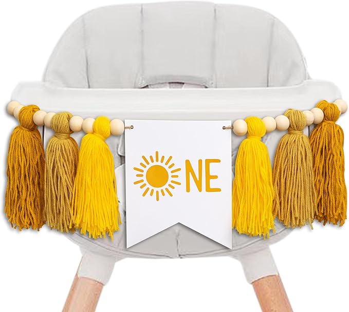 Gostman Sun One Tassel High Chair Banner - First Trip Around The Sun Birthday Party Decoration, Sun Sign First Birthday Party Supplies, Sunshine Highchair Banner
