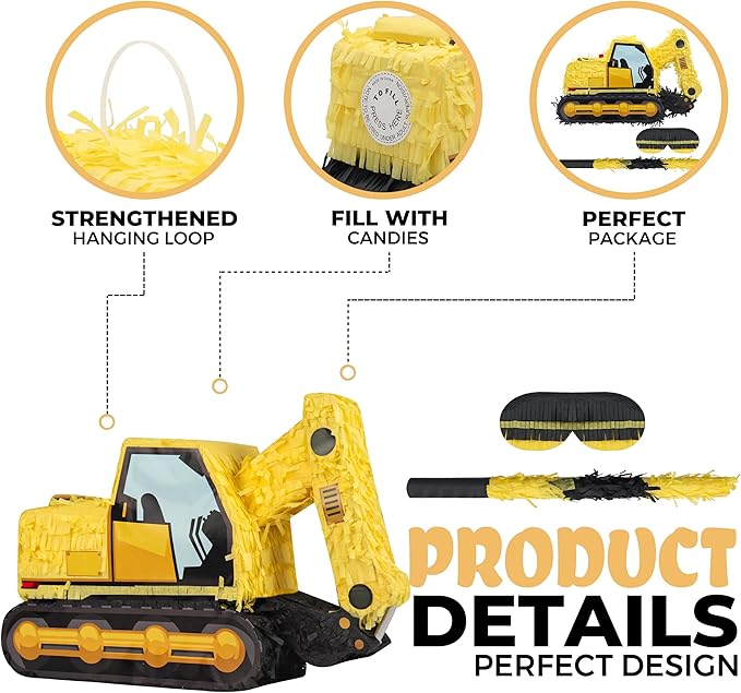 Excavator Pinatas Bundle with a Blindfold and Bat (16.5x11x4.7 inch), Pinata for Construction Theme Birthday Parties, Boys Birthday Party Supplies, Decoration
