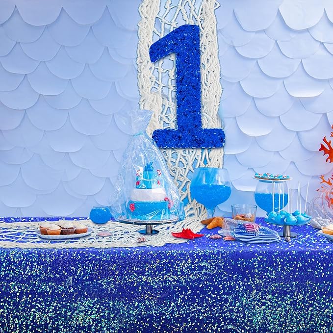 Unittype 6 Pcs Fish Net Decorative and Tablecloth Set, Cotton Fishnet and Plastic Table Cover Decorations Set for Nautical Themed Party Baby Shower Pirate Decorations Mermaid Party (Laser Ocean)