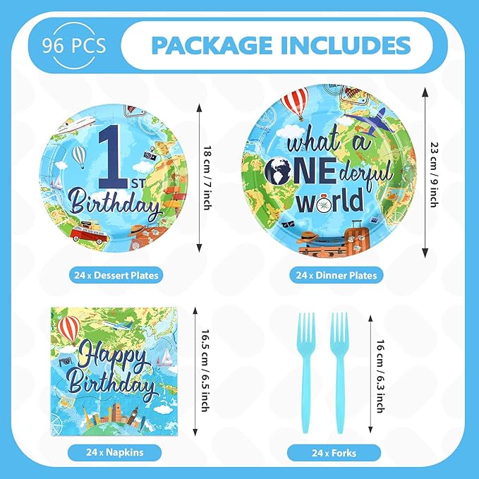 96Pcs Travel Theme 1st Birthday Party Supplies Adventure Awaits Plates and Napkins World Map 1st Birthday Tableware Set for Kids Adventure Time One Year Old Party Supplies，Serves 24