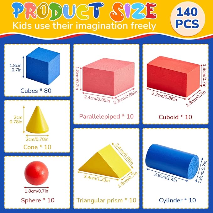 140 Pcs Mini 3D Shapes for Teaching, Wood Geometric Solids, Geometric Shapes 3D Shape Blocks, Classroom Manipulatives for Elementary School for Kids Geometry Math Kindergarten Preschool Learning