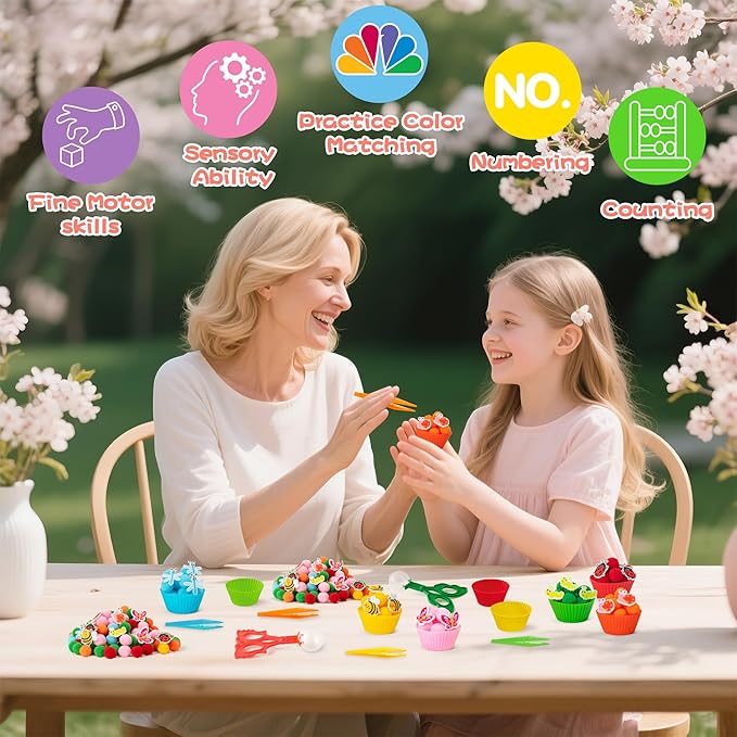 EZdhuawuse Spring Insects Sensory Bin Fillers - 321P Spring Bee Fine Motor Toys Counting Sorting for Easter Gift, Counting Toy with Felt Butterfly Pom Pom Cup Clip for Preschool Education Activities