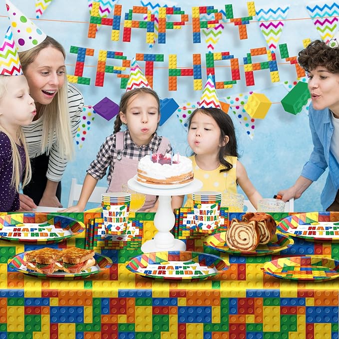 Building Block Birthday Party Supplies Colorful Building Block Party Decorations Includes Paper Plates Napkins Cups Banner Tablecloth for Boys Kid’s Birthday Party Decorations, Serve 24