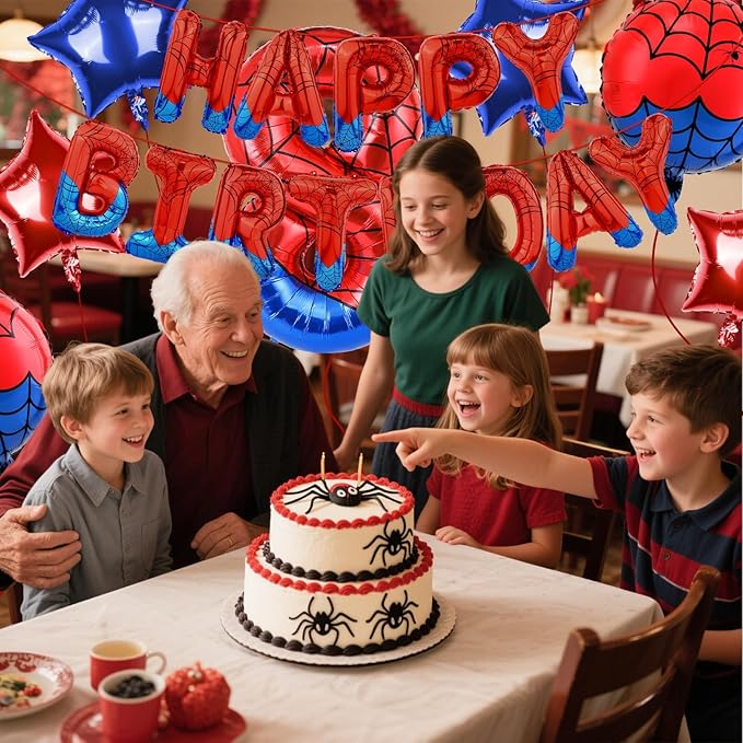 Spider Themed Happy Birthday Banner Party Decorations Set Including 40 Inch Number 8 Foil Balloons, Themed Party Essentials, Colorful Superhero Backdrop Supplies for Boys Indoor Outdoor Celebration