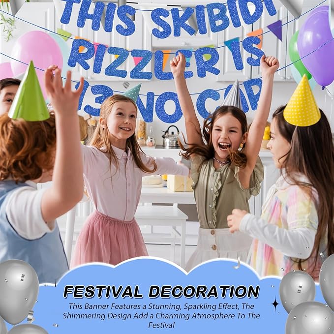 Fulmoon Pre Strung This Skibidi Rizzler Is 13 No Cap Glitter Banner 13th Birthday Party Decorations, Funny Birthday Sign, Party Supplies, Ideas, Gifts(Dark Blue)