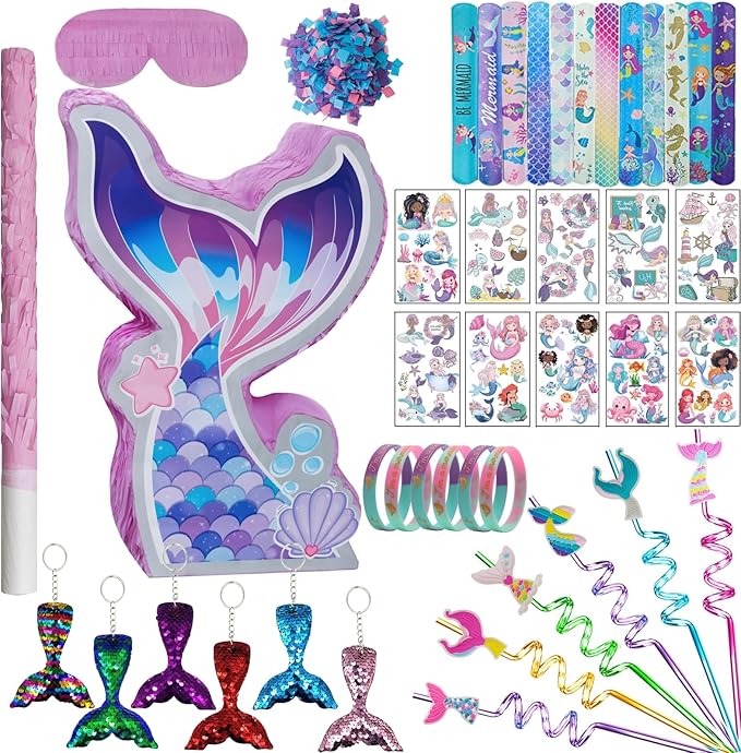 Mermaid Pinata Set Birthday Party Favors for Girl Kids Birthday Themed Party Supplies with Tail Pinata Stickers Slap Bracelet Keychain Silicone Bands and Straws 44 Pack