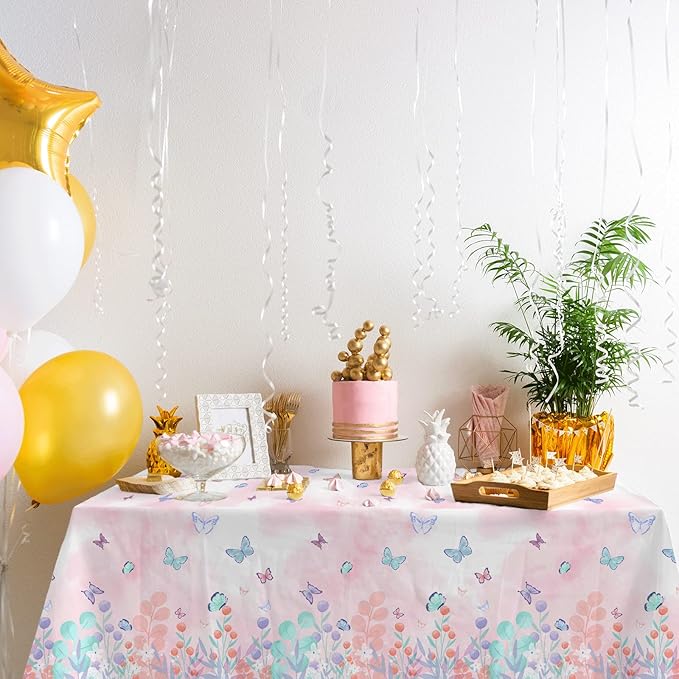 Gatherfun Butterfly Disposable Tablecloth, Plastic Table Cover for Kid’s Birthday Party, 3 PCS, 54”x 108”