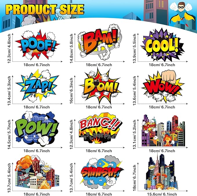 Sumind 54 Pcs Hero Themed Hanging Swirls Hero Action Sign Foil Ceiling Streams Party Banner Decoration for Kids Baby Shower Celebrating Events Birthday Party Supplies Room Wall Decor(Cute)