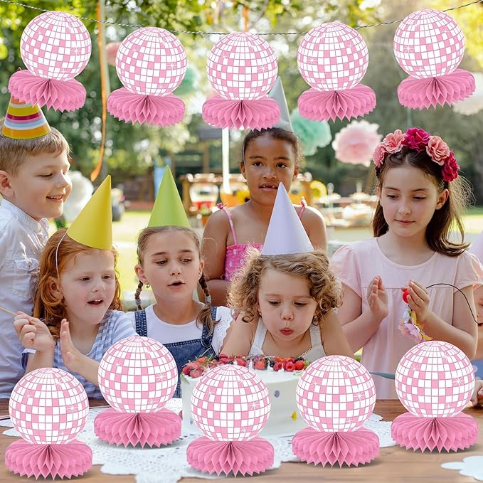 12PCS Disco Ball Party Decorations 70s Disco Table Honeycomb Centerpieces Western Cowgirl Party Table Toppers Hot Pink Disco Party Table Centerpieces for Girls Birthday Party Supplies