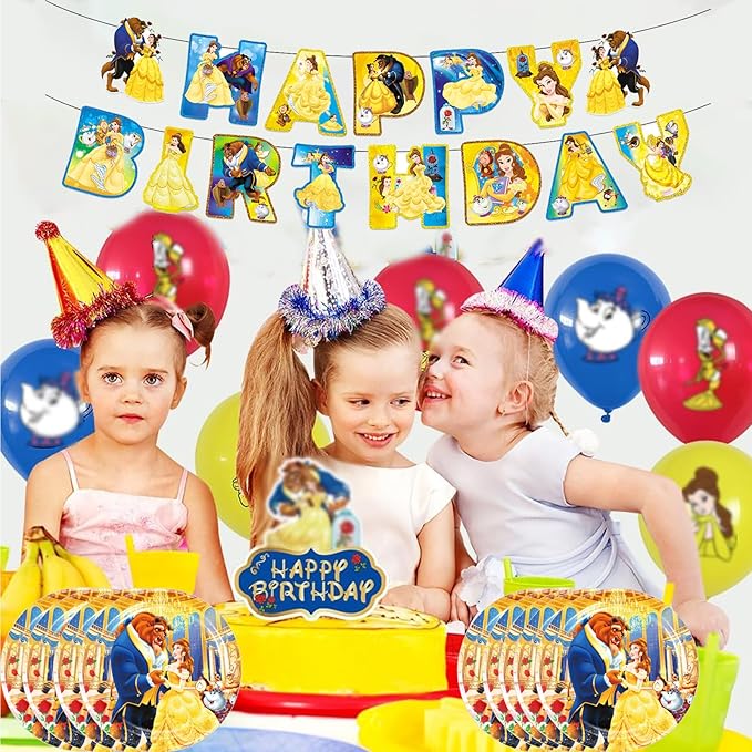 Beauty and The Beast Party Decorations(Serves 20), Princess Belle Birthday Party Tableware with Banner, Tablecloth, 20 Disposable 7" Paper Plates with Napkins for Kids Fans Birthday Party Decorations