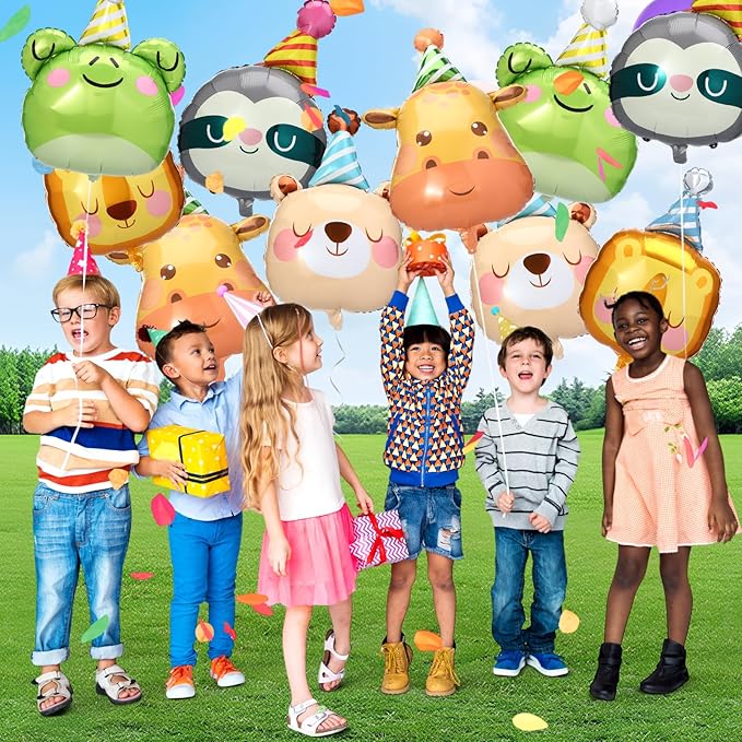 Civaner 10 Pcs Jungle Safari Animal Foil Balloons Animal Birthday Party Decor Bear Giraffe Lion Frog Sloth Aluminum Foil Balloons for Woodland Baby Shower Wedding Gender Reveal Party Supplies