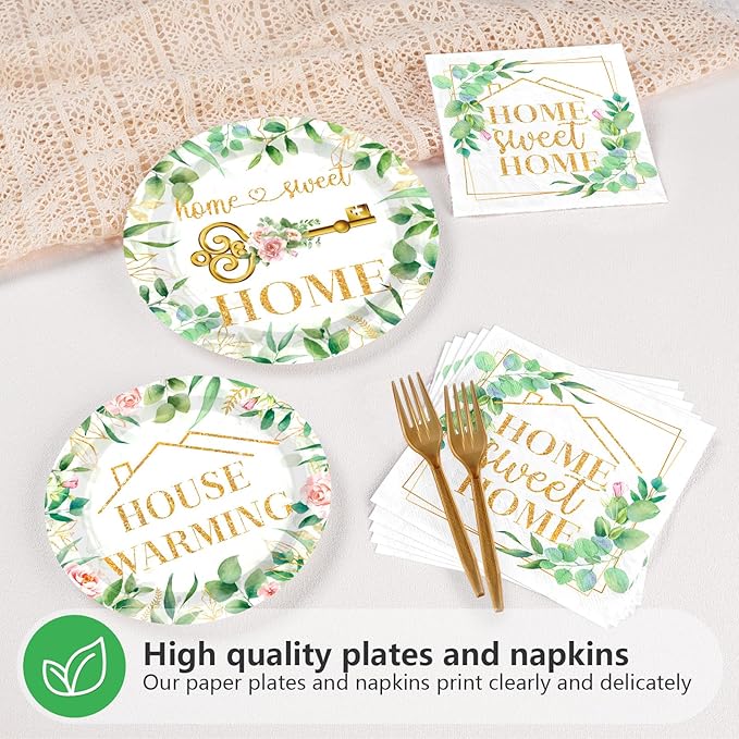 Grencian 96Pcs House Warming Party Decorations Housewarming Plates and Napkins Disposable Green Leaves Pink Floral Home Sweet Home Paper Tableware Set for New House Wedding Party Supplies, Serves 24