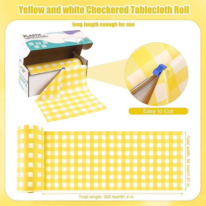 Kochorie 54 Inch x 300 Ft Light Yellow Checkered Plastic Table Cloth Roll Disposable Waterproof Table Cover Plastic Table Cover Roll with Easy Slide Cutter for Outdoor Picnic/Home Dining/Spring Party