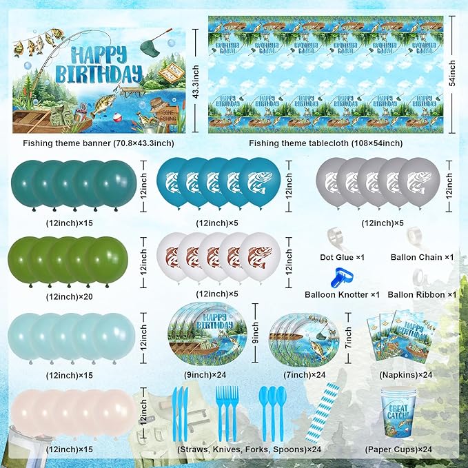 Fishing Birthday Party Decorations 274PCS Gone Fishing Plates Napkins Tablecloth Cups Balloons Banner All-in-1 Fish Party Decorations Birthday Party Supplies Serve 24