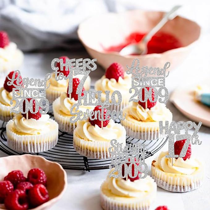 30PCS Silver 17th Birthday Cupcake Toppers Glitter Seventeen Happy 17th Straight Outta 2009 Cupcake Picks for Cheers to 17 Years Birthday Anniversary Party Cake Decorations Supplies