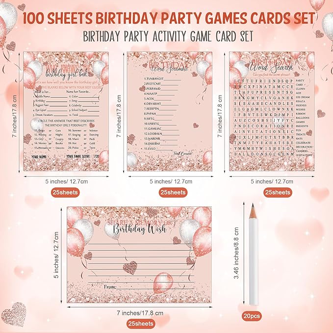 Fumete 100 Pcs Who Knows The Birthday Girl Best Cards with 20 Pre Pointed Pencils Set for 20 Guests, Girls Birthday Night Game Ideas, Girls Her Sleepover Party Supplies, 4 Activities(Balloon)