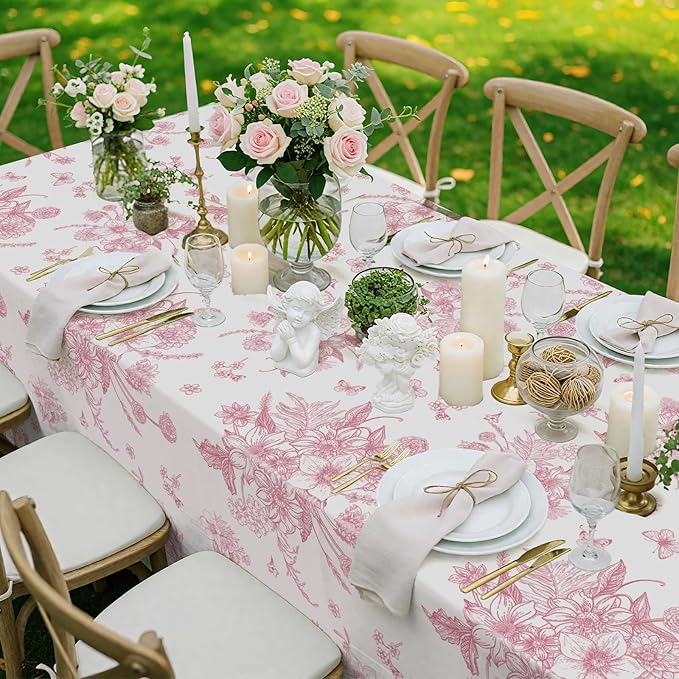 6 Pack Pink Floral Plastic Tablecloths, 54 X 108Inch Tea Party Tablecloth Disposable Vintage Table Cloth Pink and White Porcelain Tables Decor for Easter Mother's Day Birthday Garden Wedding Tea Party