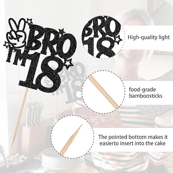 1 PCS Brother I'm 18 Cake Topper Glitter Star Happy 18th Birthday Cake Pick Bro I'm 18 Cake Decoration It's My 18th Birthday Decorations for Boys Cheers to 18 Years Old Birthday Party Supplies Black
