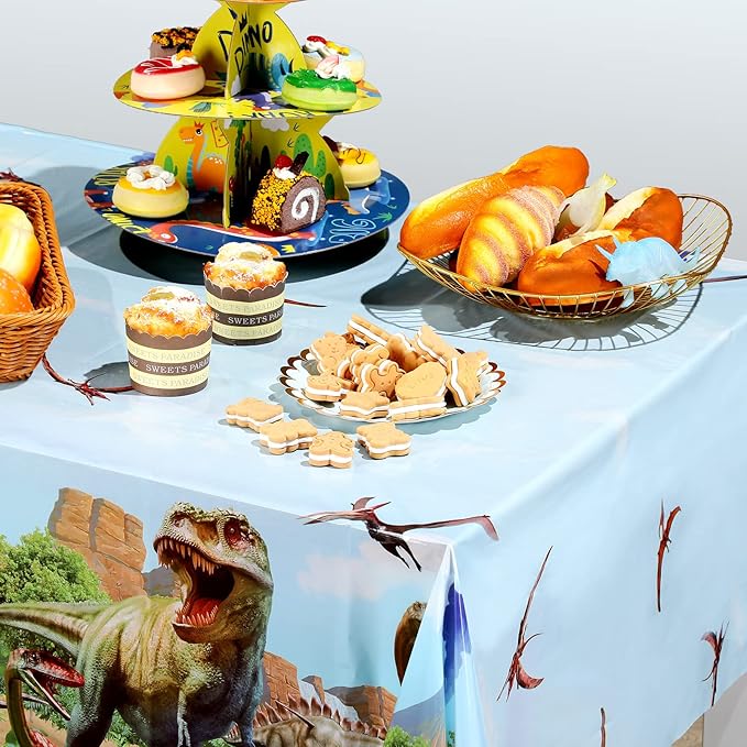 Tiamon 3 Pcs Dinosaur Tablecloth Dinosaur Party Table Covers Plastic Tablecloth for Kids Adults Birthday Party Picnic Supplies 54 x 108 Inch (Blue)