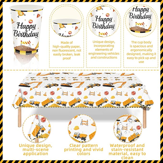Construction Birthday Party Supplies for 24 Guests - Decorations Include Plates, Napkins, Cups, Tablecloth, Cake Toppers for Boys Construction Theme Birthday Party
