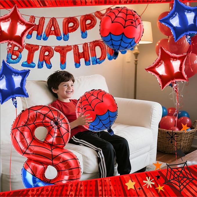 Spider Themed Happy Birthday Banner Party Decorations Set Including 40 Inch Number 8 Foil Balloons, Themed Party Essentials, Colorful Superhero Backdrop Supplies for Boys Indoor Outdoor Celebration