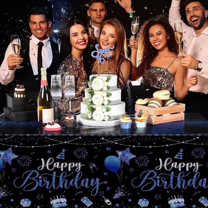 Tudomro 3 Pcs Happy Birthday Tablecloths Happy Birthday Party Decorations Plastic Table Cover Rectangular Cloths for Women Men Baby Shower Party Supplies, 108 x 54 Inch (Black Blue)
