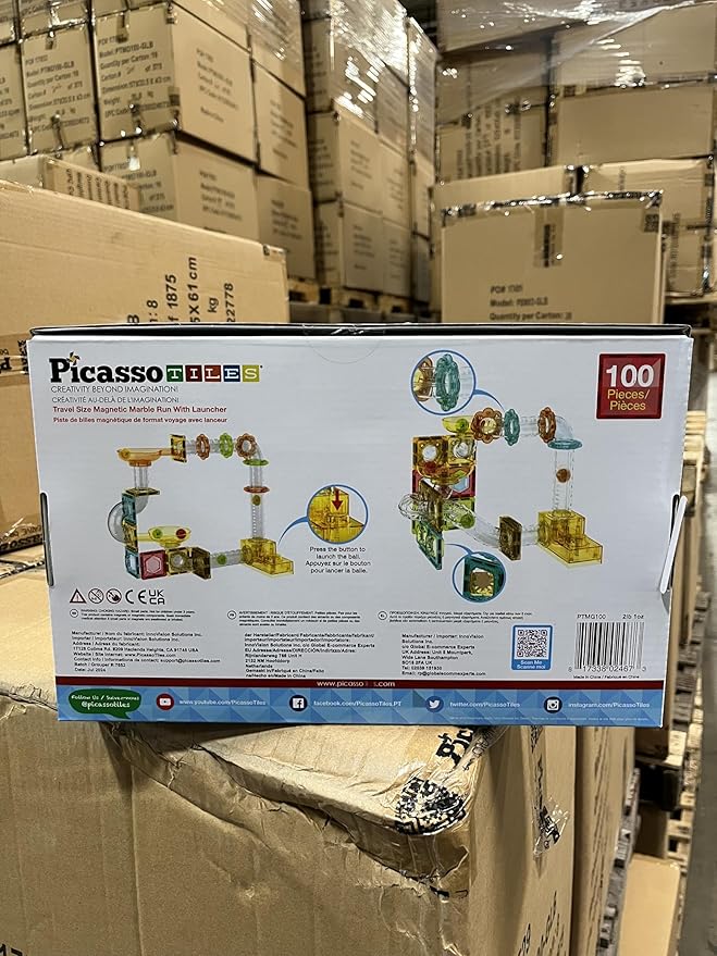 PicassoTiles 100pc Magnetic Marble Run Travel Size Tile Blocks Construction Kids Toy Set On The Go Mini Magnet Tiles Marbles Playset for Race Track Building Block STEM Learning Kit Boy Girl 3+ PTMG100