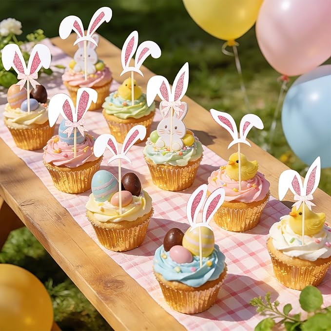 Easter Cupcake Toppers, 24 Pcs Easter Bunny Ear Cupcake Toppers, Glitter Pink Rabbit Ears Cupcake Picks Topper Easter Bunny Rabbit Cake Decorations for Easter Girls Birthday Party Decorations Supplies
