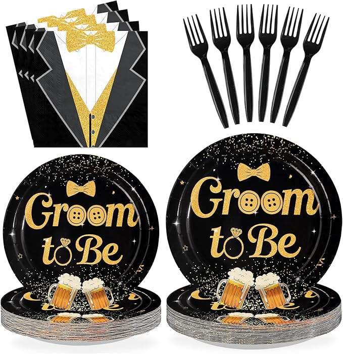 96Pcs Groom to Be Party Supplies Groom Shower Bachelor Plates and Napkins Black Gold Theme Party Disposable Paper Tableware Set for Engagement Wedding Bridal Shower Party Supplies Serves 24