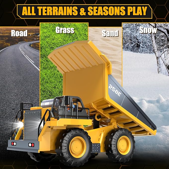 RC Dump Truck Toy for Boys, Remote Control Play Truck Construction Vehicles, 9CH 2.4Ghz Electric Trucks with Metal Bed & Light, 2 Rechargeable Batteries RC Car Toys Kids 3-12 Year Old Birthday Gifts