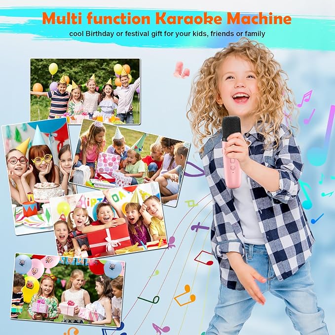 Bluetooth Karaoke Machine Toy for Kids- Mini Karaoke with 2 Wireless Microphone, Voice Changer & LED Lights, Portable Karaoke Mic for 3-8 Year Old Girls, Great for Birthday Home Party
