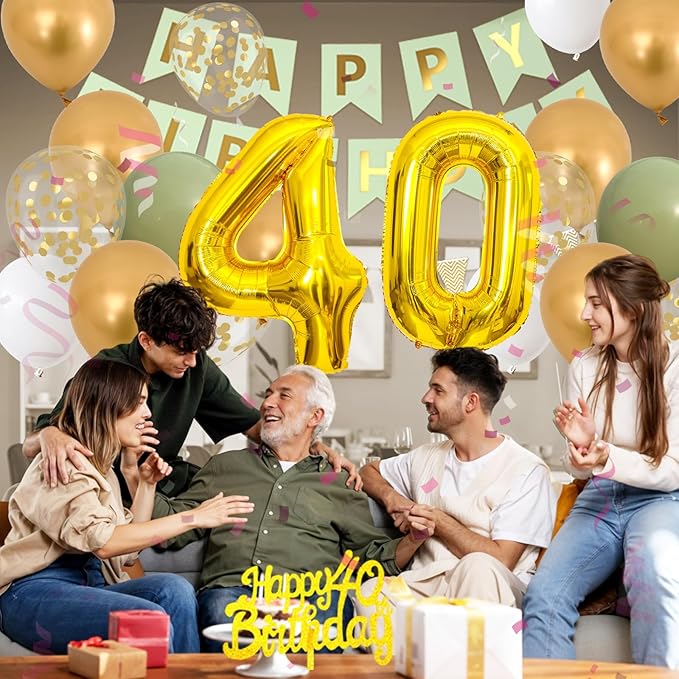 40th Birthday Decorations for Men Women, green gold Happy Birthday Party Decorations With gold Number 40 Balloons sage green Gold Confetti Balloons Fringe Curtain Cake Topper For 40th Party Supplies