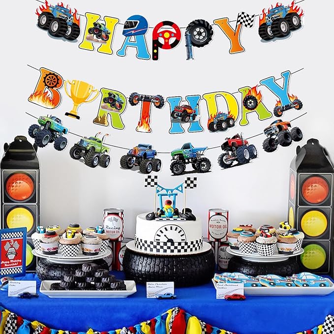 Zwiebeco Trucks Off-road Vehicles Happy Birthday Party Decoration Banner Hanging Paper Sign for Kids Adults Racing Themed Accessories Supplies