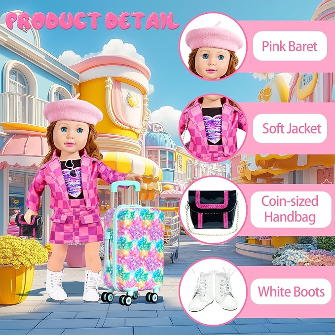 American 18 inch Doll Clothes Accessories Girl Suitcase Luggage Travel Set-Doll Clothing Hat Handbag Sunglasses Camera Computer Passport Cell Phone for Valentine's Day Birthday(NO Doll)